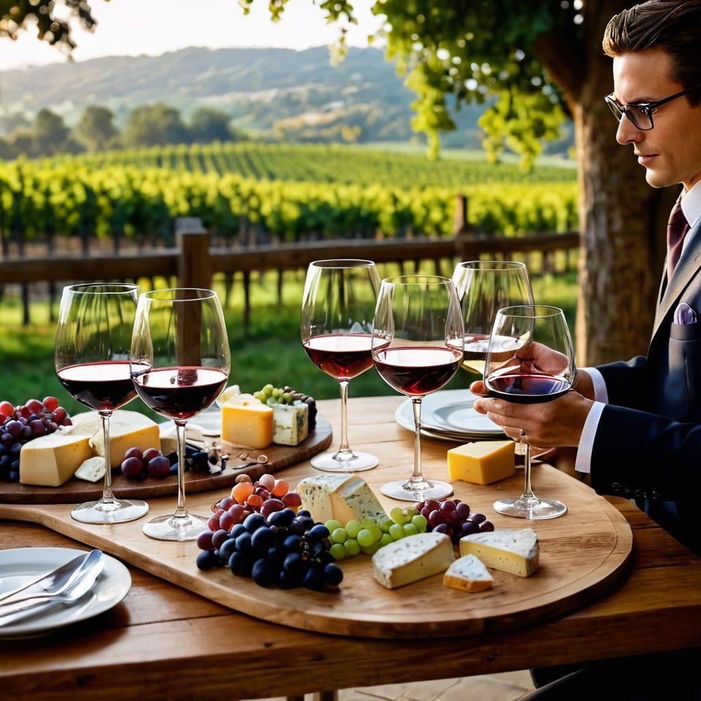 An elegantly set table featuring a variety of fine wines in crystal glasses, with a sommelier demonstrating wine tasting techniques. Include a backdrop of lush vineyards and cheeses artfully arranged on a wooden board. Soft, warm lighting enhances the atmosphere, inviting viewers to savor the experience. sophisticated and inviting. super-realistic. vibrant colors.
