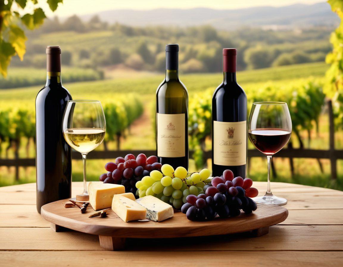 A beautifully arranged wine tasting scene featuring an elegant wooden table set with a variety of wine bottles and glasses. Include grapes, a wine corkscrew, and cheese pairings as well as lush vineyards in the background. Subtle warm lighting enhances the inviting atmosphere, inviting readers to explore the world of wines. soft focus. super-realistic. vibrant colors.